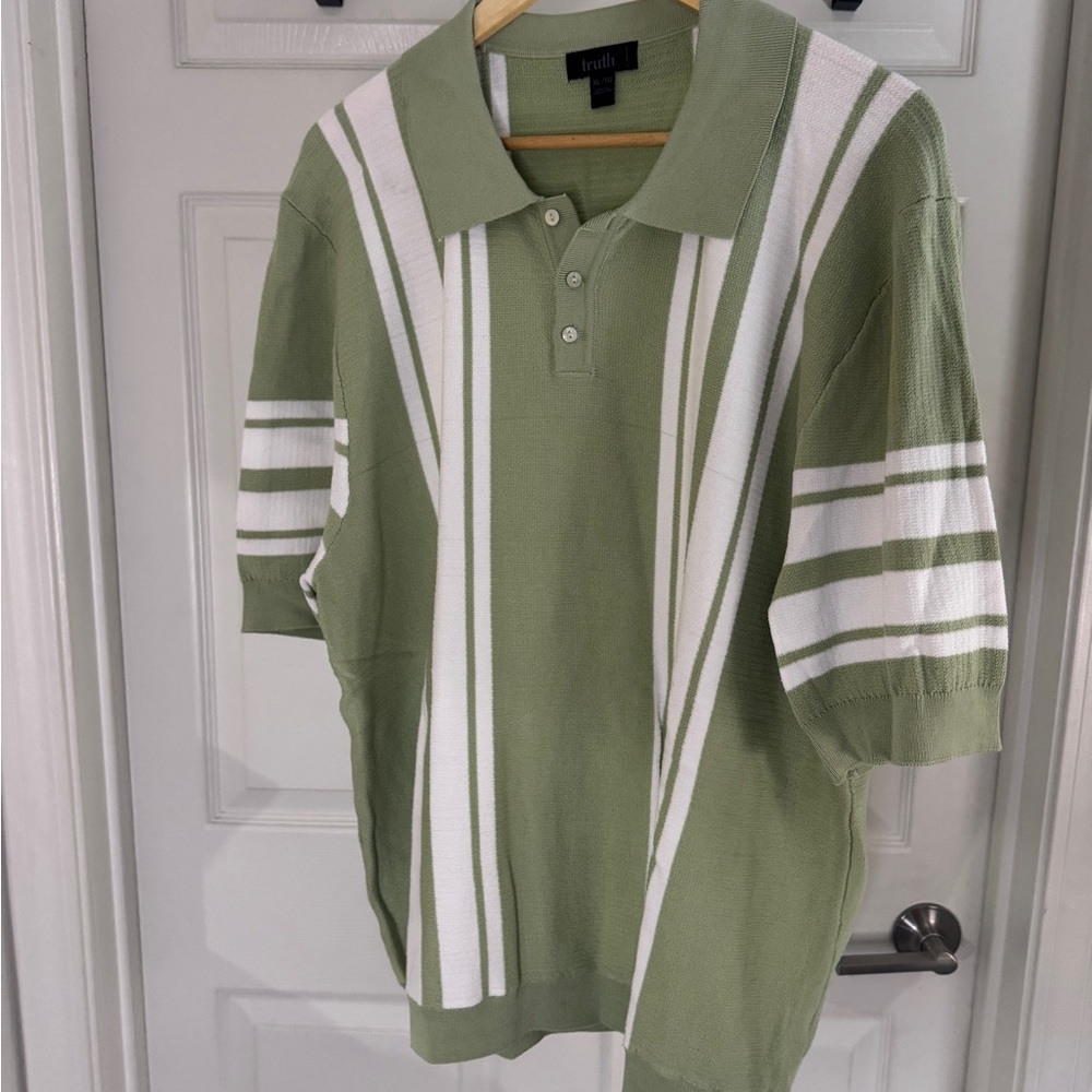 Truth Olive and White Striped S/S Polo Sweater, XL - Picture 2 of 4
